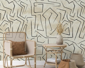 Minimal Design Art Removable Wallpaper, Neutral Tones Graffiti Wall Art, Modern abstract art Lines