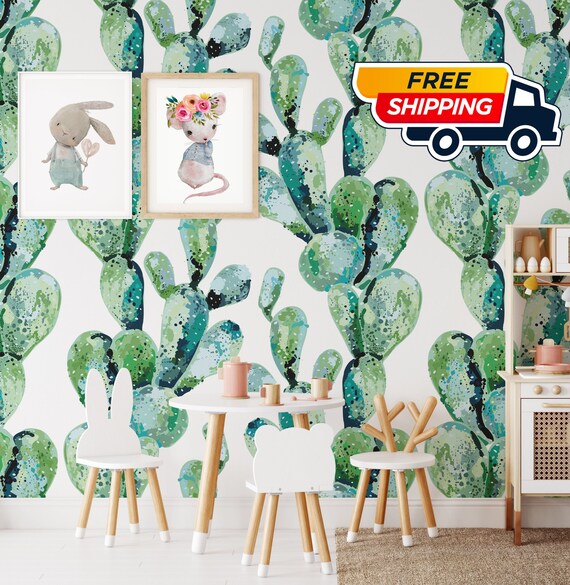 Watercolor Cactus Nursery Wallpaper, Green and white Cacti Wall Mural, Nature Greenery