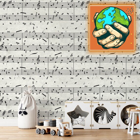 Nursery Decor Sheet Music Wallpaper, Black And White Music Notes Wall Art for Accent Wall