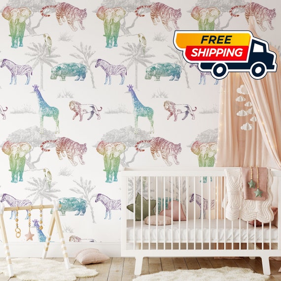 Safari Wallpaper, African Forest, Rainbow Wallpaper with Wild Animals, Lion Elephant Giraffe Watercolor animal Nursery Wall Decor