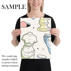 May include: A digital art print featuring a pattern of colorful, stylized sculptures. The print features a light blue, yellow, and green color scheme. The print is on a white background.