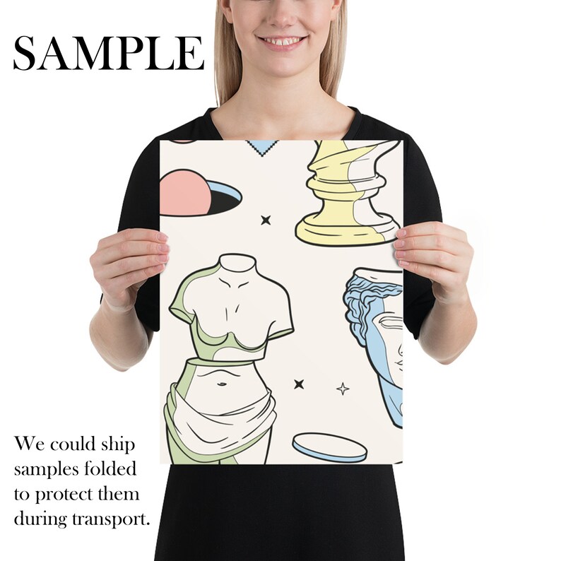 May include: A digital art print featuring a pattern of colorful, stylized sculptures. The print features a light blue, yellow, and green color scheme. The print is on a white background.