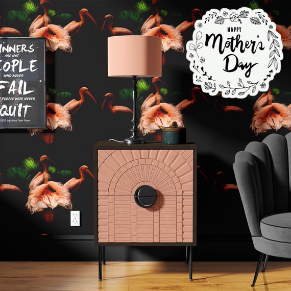 Flamingo Wallpaper in Black and Pink, Birds Wallpaper, Pelican Print Accent Wall Art for Living Room Decor
