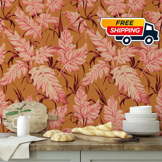 Pink leaves Orange wallpaper, Boho Chic Pink and orange Leaf Print Aesthetic Room Decor