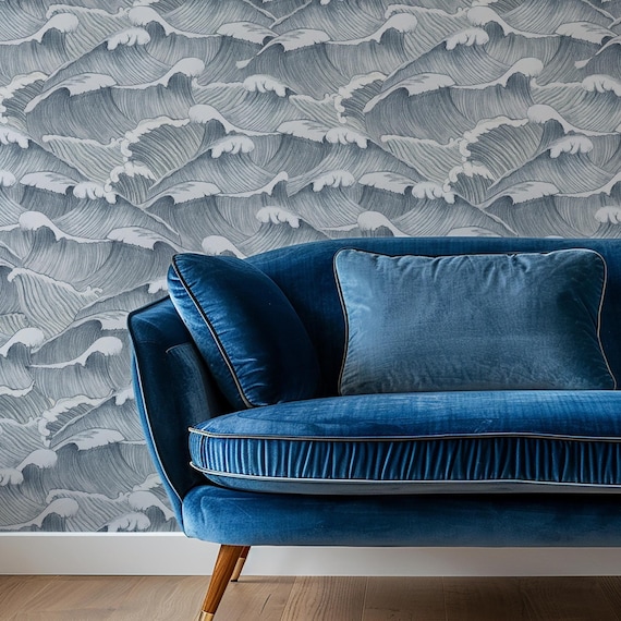 Vintage Japanese Waves Wallpaper, Hand Drawn Ocean Etching Wall Mural, Whimsical Marine Decor for Sea Lover’s Room
