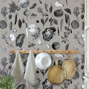 Carta da Parati Cucina con Illustrazioni Botaniche su Sfondo Beige