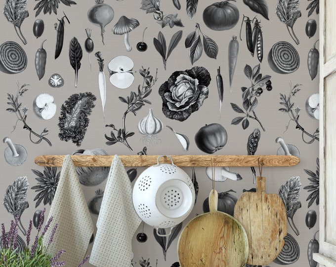 Vintage Vegetable Kitchen Wallpaper, Retro Kitchen Veggie Wall decor, Farmhouse Wall Art