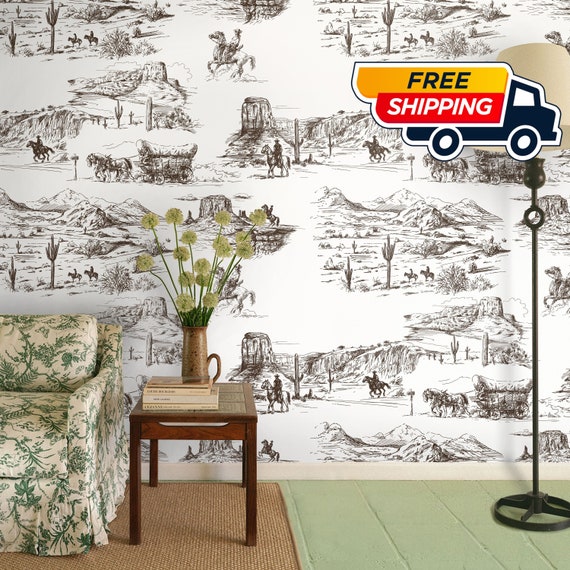 Western Wallpaper in Retro Comics Style, Desert Wall Decor with Vintage Cowboy and Horses