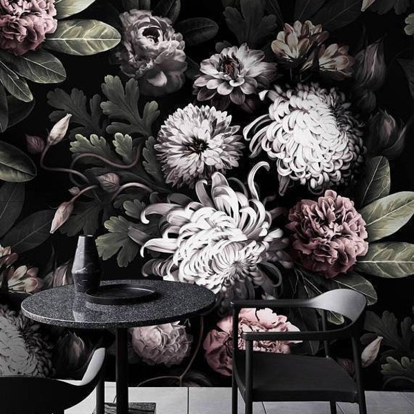 Dramatic Floral Wallpaper: White and Pink Flowers on Black Background, Peony Wallpaper for Dark Floral Mural