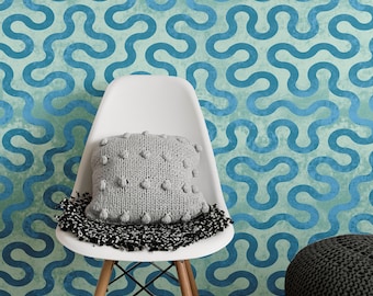 Brushstroke Labyrinth Wallpaper, Abstract Waves Wall Art, Blue Boho Trendy Wall Mural