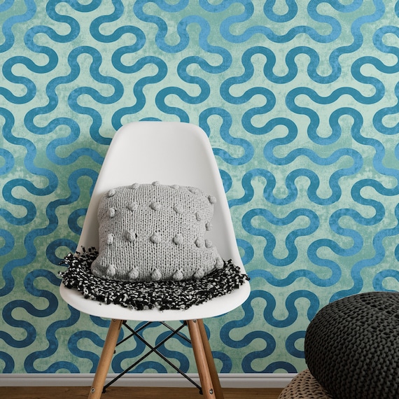 Brushstroke Labyrinth Wallpaper, Abstract Waves Wall Art, Blue Boho Trendy Wall Mural