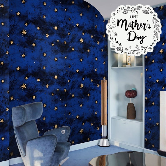 Gold Stars Wallpaper for Baby Nursery with Black and Blue Background, Monochrome Star Celestial pattern Wall Art