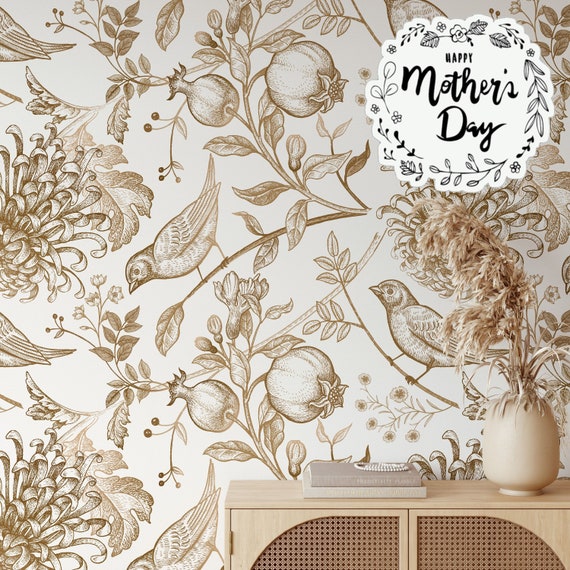 Vintage Japanese Chrysanthemum Flowers Wallpaper with pomegranates, branches, leaves and birds