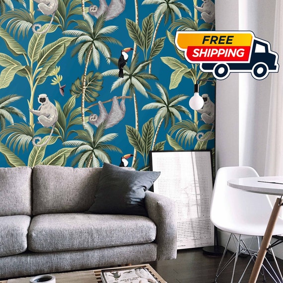 Tropical Forest Jungle Wallpaper for Nursery or Kids Room Decor with Blue Background