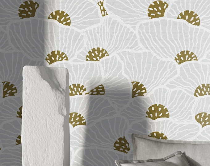 Art Deco Ginkgo Fan Wallpaper, Neutral Gray Botanical with Gold Accents, Pre-Cut Sheets, Eco Paper Wallpaper for Living Room Bedroom