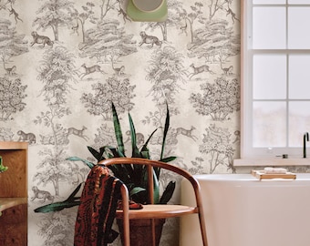 Toile de Jouy Wallpaper, Vintage Safari Elegance Wall Art, Eco Artisan Italian Design