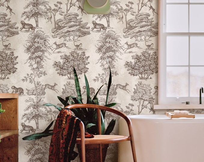 Toile de Jouy Wallpaper, Vintage Safari Elegance Wall Art, Eco Artisan Italian Design