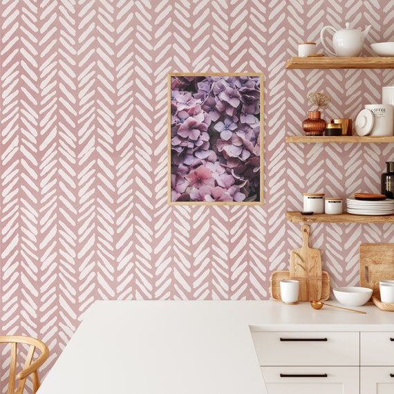 Pink Herringbone Pastel Wallpaper, Minimalist Chevron Wall Decor, Soft Pink Modern Wall Papering