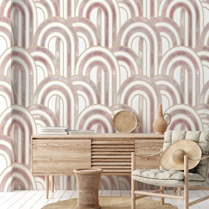 Pink and White Art Deco Gold Lines Wallpaper, Great Gatsby Geometric Pattern Mid Century Abstract Modern Wall Decor