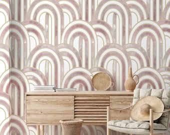 Pink and White Art Deco Gold Lines Wallpaper, Great Gatsby Geometric Pattern Mid Century Abstract Modern Wall Decor