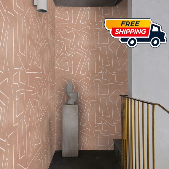 Salmon Cream Soft Grunge Removable Wall Paper in Boho Color Palette, Graffiti Wall Decor Danish Pastel Tones