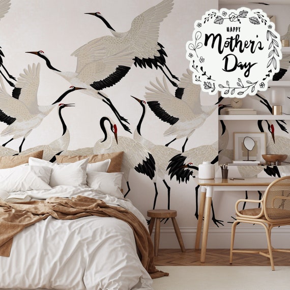 White Heron Print Wallpaper, Crane Wallpaper, Removable Wallpaper, Elegant Crane Dance Wallpaper, Graceful Bird Design