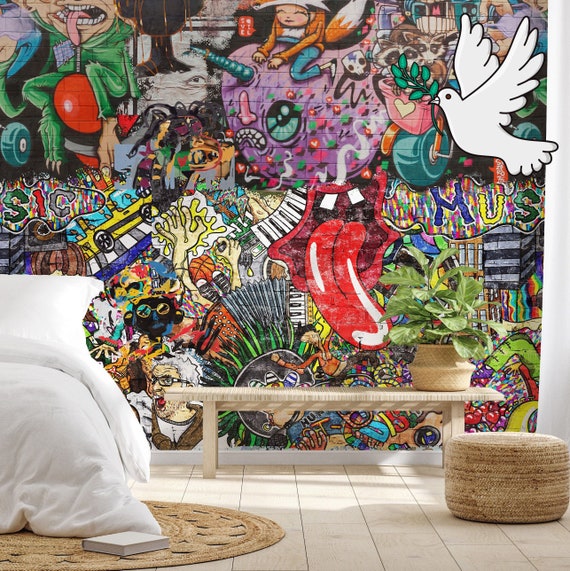 Graffiti Wallpaper Wall Mural, Street Art Scenic Wall art, Art Collage Wall Decor