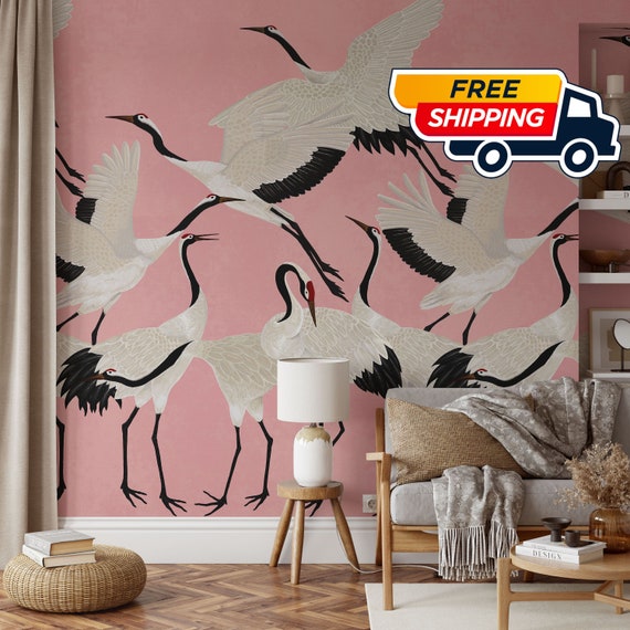 Pink Heron Print Wallpaper, Crane Wallpaper, Removable Wallpaper, Elegant Crane Dance Wallpaper, Graceful Bird Design