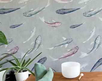 Japanese Koi Fish Wallpaper, Feng Shui Wabi Sabi Wall Art, Watercolor Asian Decor, Oriental Fish Painting for Home and Office