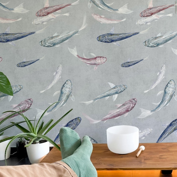 Japanese Koi Fish Wallpaper, Feng Shui Wabi Sabi Wall Art, Watercolor Asian Decor, Oriental Fish Painting for Home and Office
