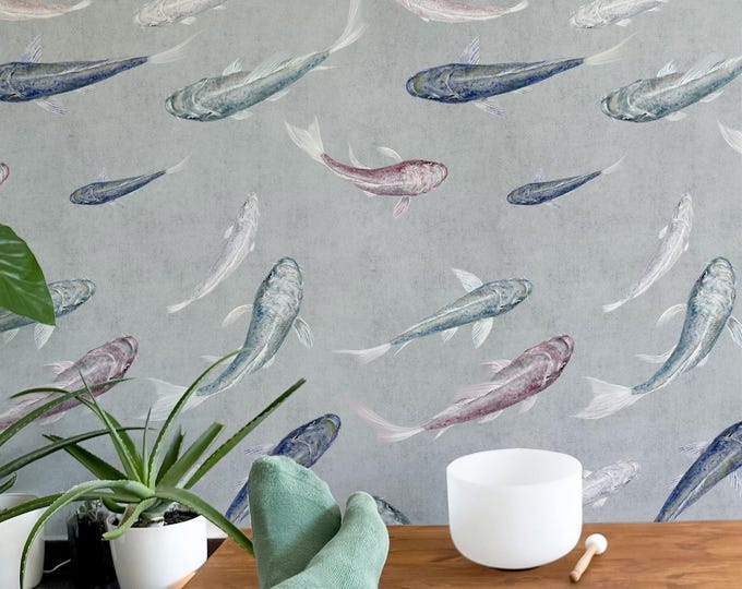 Japanese Koi Fish Wallpaper, Feng Shui Wabi Sabi Wall Art, Watercolor Asian Decor, Oriental Fish Painting for Home and Office