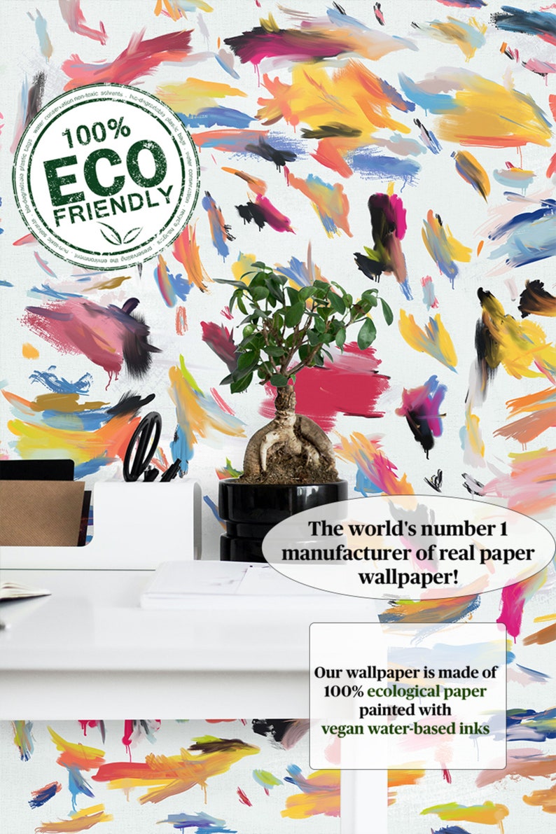 May include: A white background with colorful abstract brushstrokes in shades of pink, blue, yellow, orange, and green. The text "100% ECO FRIENDLY" is in a green circle on the top left corner of the image. The world's number 1 manufacturer of real paper wallpaper! Our wallpaper is made of 100% ecological paper painted with vegan water-based inks.