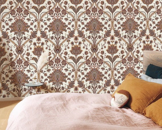 Vintage Damask Wallpaper, Brown Victorian Home Decor for aesthetic room decor