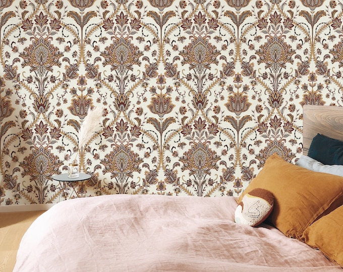 Vintage Damask Wallpaper, Brown Victorian Home Decor for aesthetic room decor