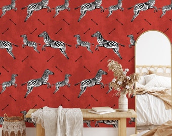 Red Flying Zebra Wallpaper, Zebras Wall Decor, Jumping Zebra Wallpaper