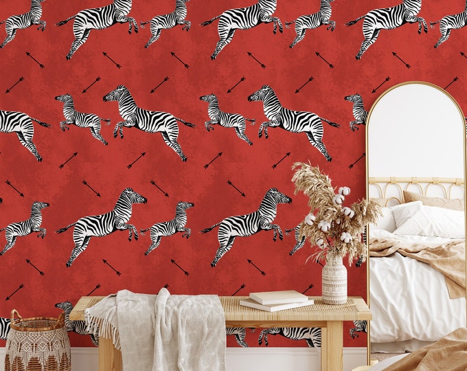 Red Flying Zebra Wallpaper, Zebras Wall Decor, Jumping Zebra Wallpaper
