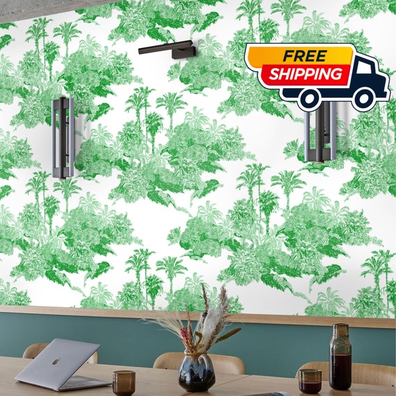 Tropical Landscape Toile wallpaper in Green and White,  Palm Tree Modern Beach House Decor, Toile Removable Wallpaper