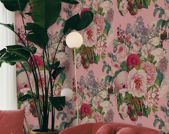 Pink Floral Wallpaper, Large Botanical Peony Rose Flower Wallpaper, Romantic Nursery Bedroom Accent Wall Decor