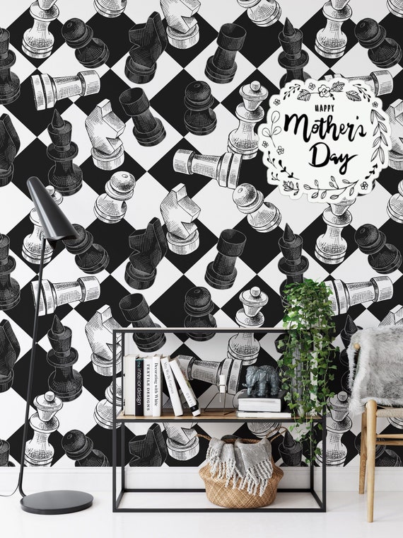 Chess Pieces Chessboard Wallpaper, Black and White Antique Wall Mural Living Room Decor