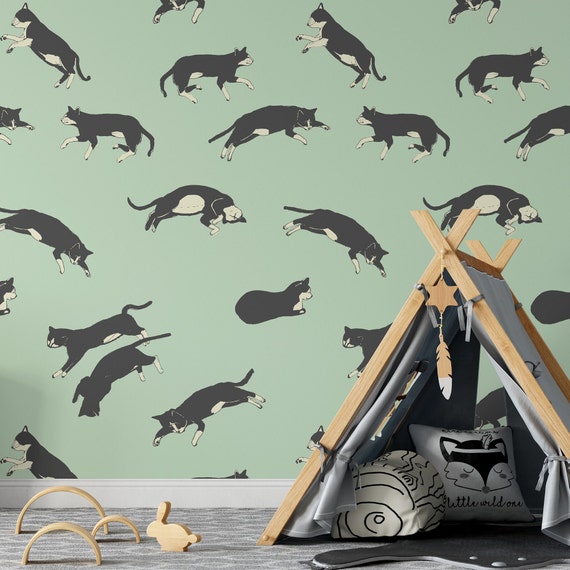 Cozy Cat Wallpaper for Kids Room, Curious Cats Nursery Art for Accent Wall