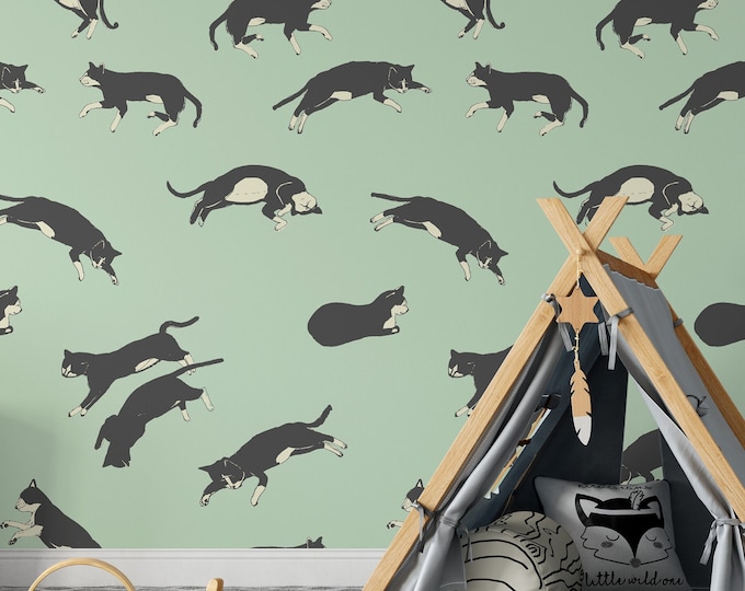 Cozy Cat Wallpaper for Kids Room, Curious Cats Nursery Art for Accent Wall