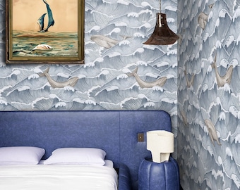 Majestic Whale in Ocean Wallpaper, Tranquil Marine Life Scene, Whimsical Blue and White Japanese Wave Wallpaper with Graceful Whales