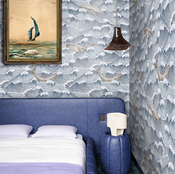 Majestic Whale in Ocean Wallpaper, Tranquil Marine Life Scene, Whimsical Blue and White Japanese Wave Wallpaper with Graceful Whales
