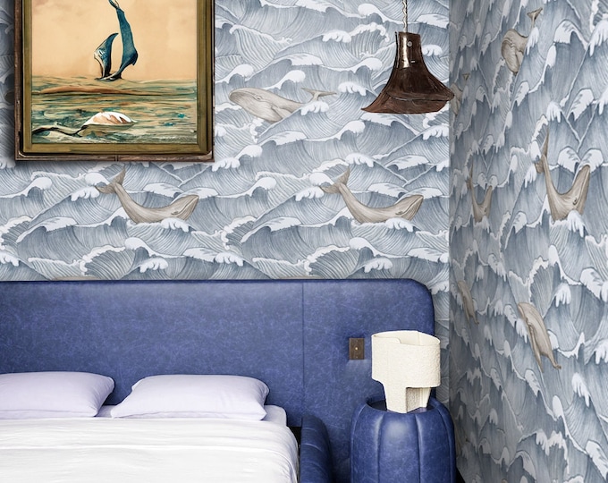 Majestic Whale in Ocean Wallpaper, Tranquil Marine Life Scene, Whimsical Blue and White Japanese Wave Wallpaper with Graceful Whales