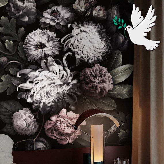 Peony Wallpaper for Dark Floral Mural, Wild Flowers Modern Wall Art Bedroom Decor