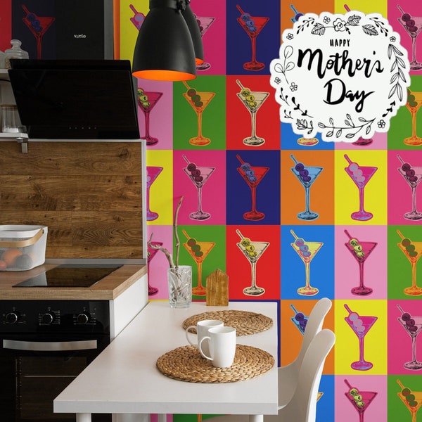 Martini Glasses Pop Art Wallpaper, Fluo Art pour décoration moderne, Art mural de cuisine