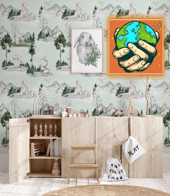 Winter Woodland Nursery Wallpaper, Kids Forest Animals Wall Decor, Backwoods Wall Art