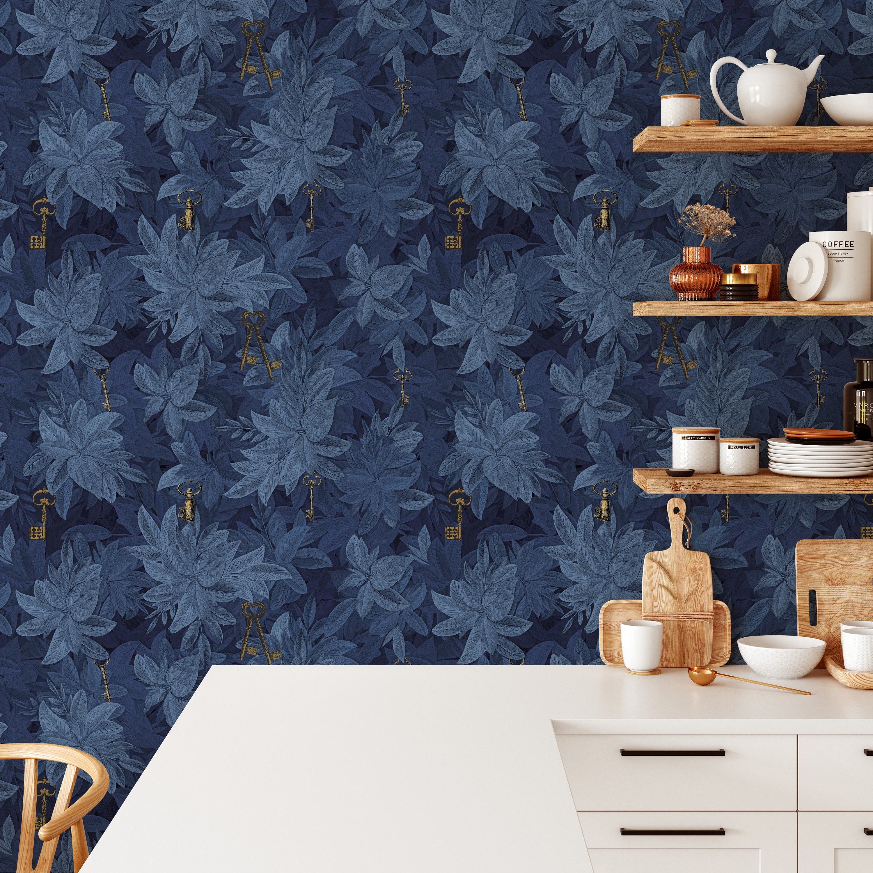 Blue Ivy Leaves Wallpaper, Hedge Wallpaper with Gold Keys, Dark Hedges