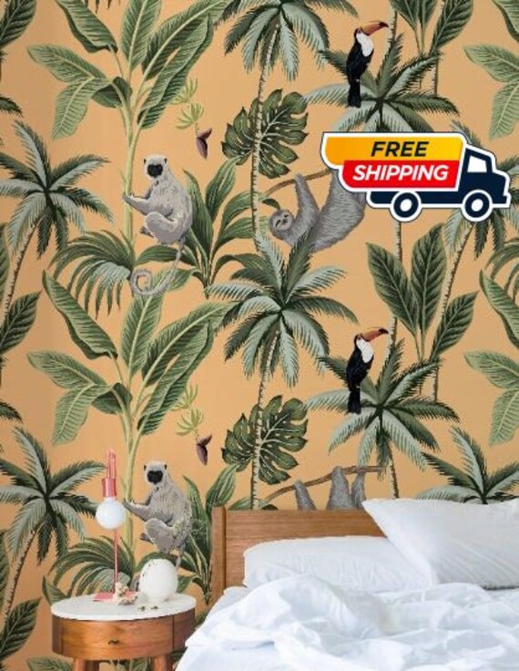 Jungle Wallpaper with Orange Background, Tropical Wall Decor