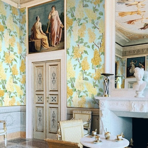 Carta da Parati Fiori di Glicine in Acquarello Shabby Chic in Giallo e Blu